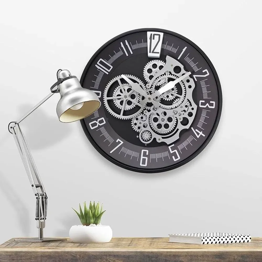 16” Industrial Steampunk Moving Gear Wall Clock Silent Battery Operated Black